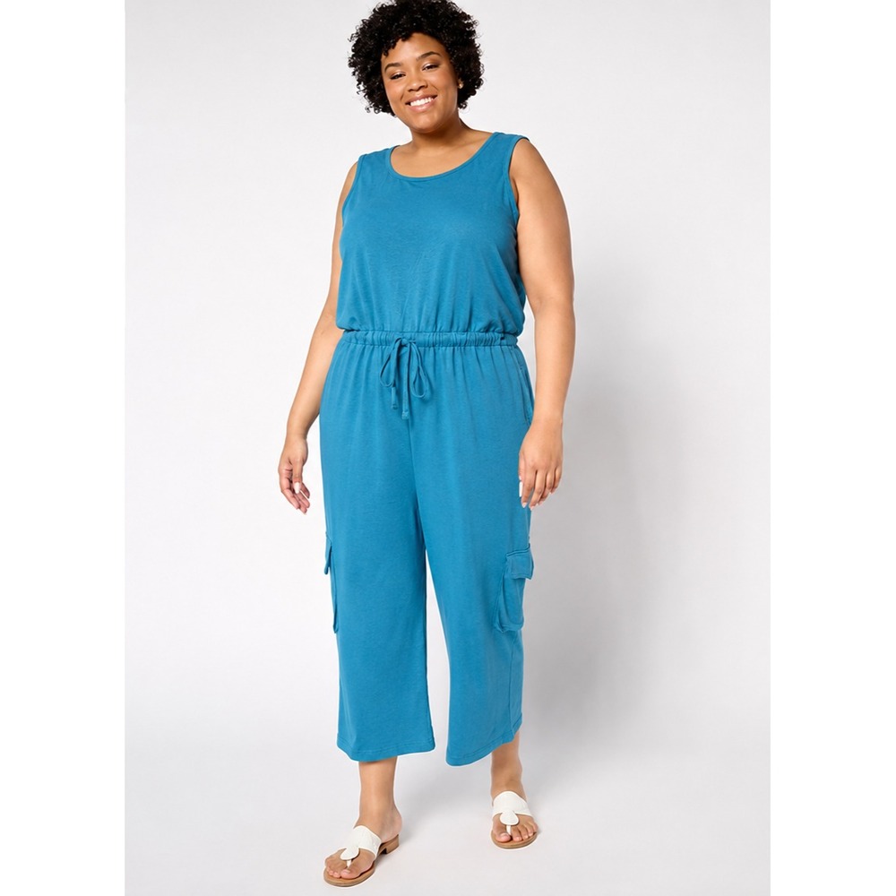 MUK LUKS French Terry Straight Leg Cargo Jumpsuit Teal, X-Large